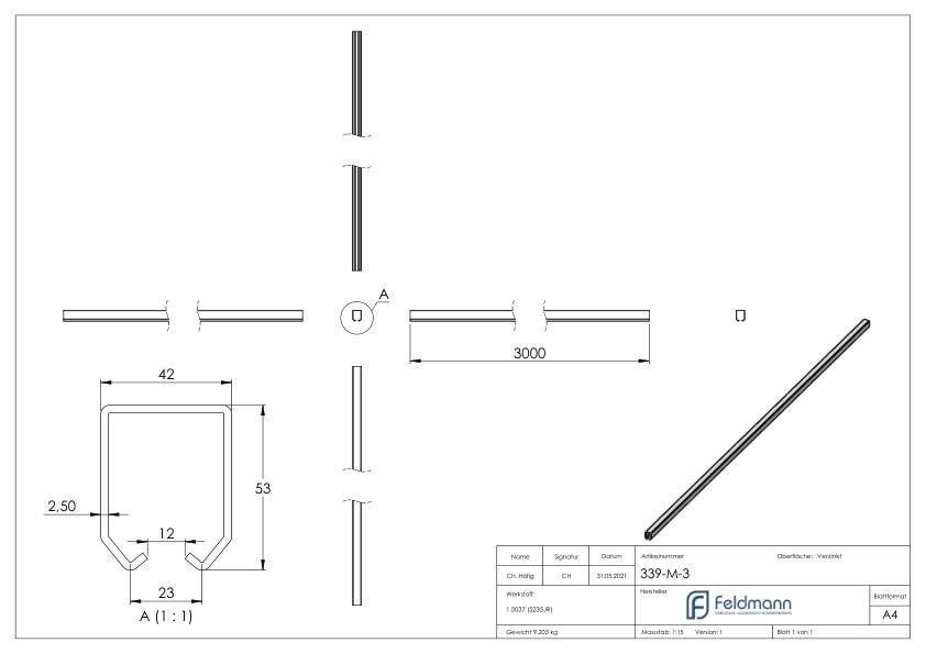 Laufschiene für Hängetore, groß, L: 3000mm
