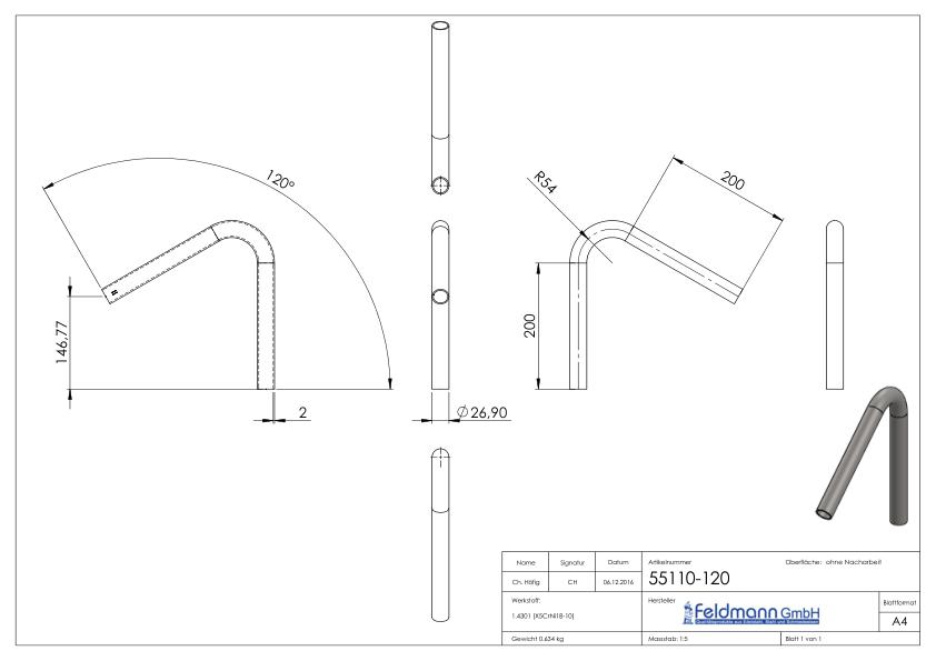 Rohrbogen 120°, aus Rohr 26,9x2,0mm, V2A