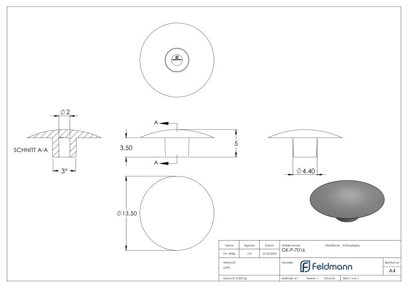 Plastikkappe für Innensechskantschraube M6, RAL 7016