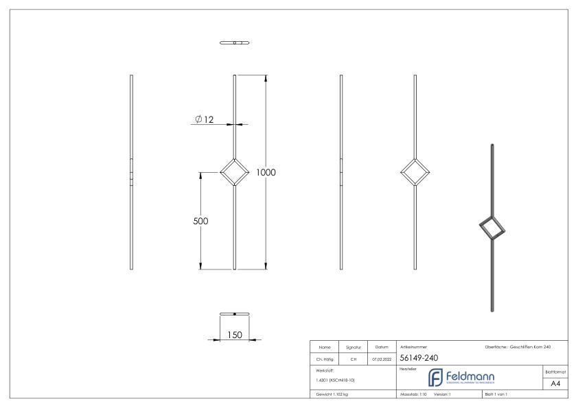 Zierstab aus Ø 12mm, mit Quadrat, H: 1000mm, V2A