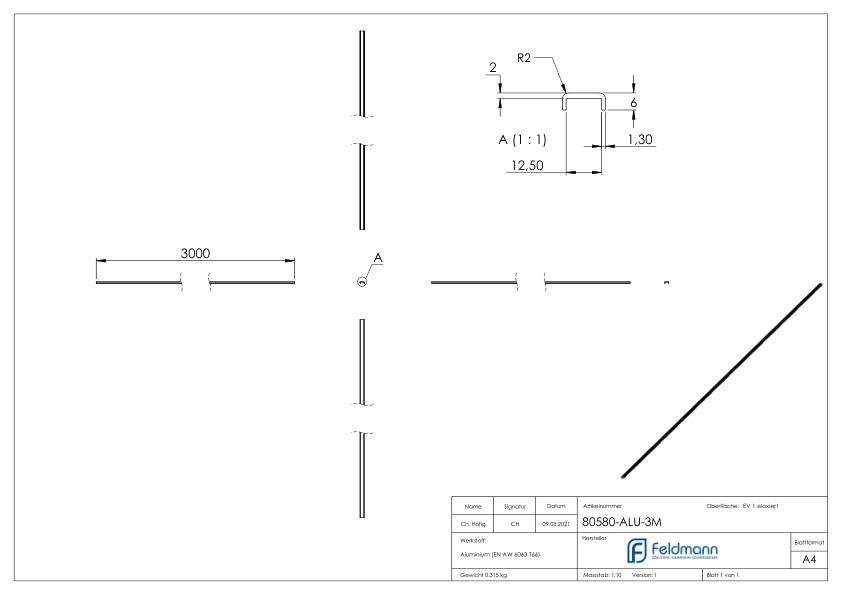 Kantenschutz EXTRA SLIM, für Glas 10,00 - 11,52mm, L: 3000mm, Aluminium E4/EV1