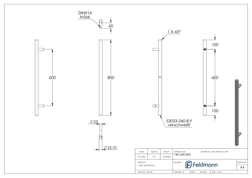 Stoßgriff inkl. Halter gerade mit L: 800mm, V2A