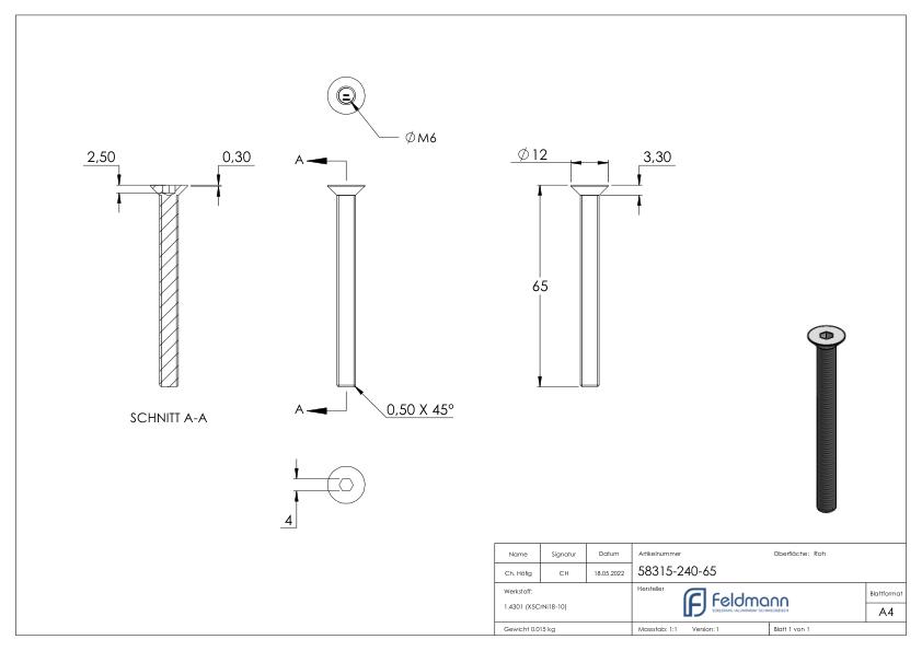 Senkkopfschraube M6x65, V2A, ISO 10642
