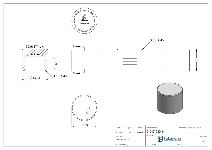Endkappe für 14mm Rundmaterial, V2A