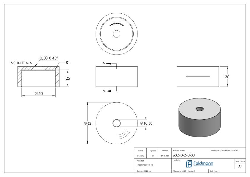 Unterteil für 62mm Glaspunkthalter, t: 30mm, V2A Unterteil für 62mm Glaspunkthalter, t: 30mm, V2A