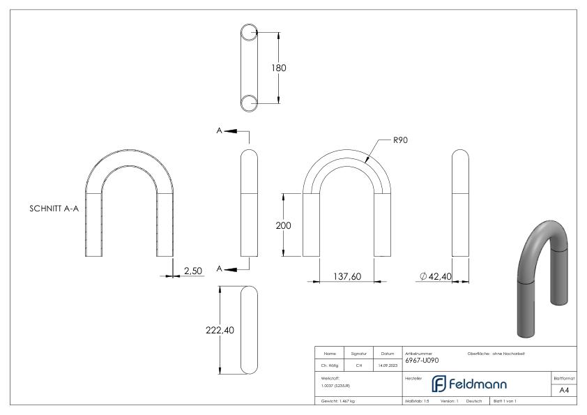 Stahl-Rohr-Bogen 180°, 42,4x2,5mm