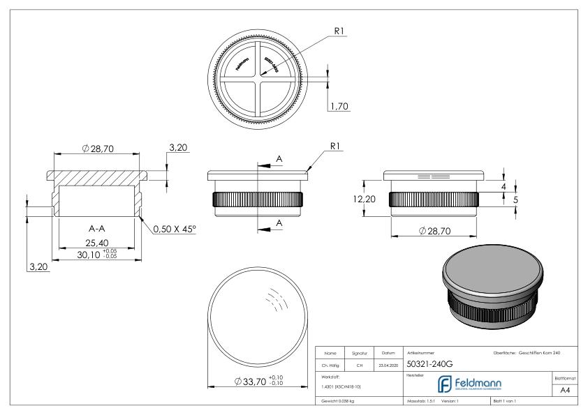 Rohrabschlussstopfen, für Rohr 33,7x2,0mm, V2A