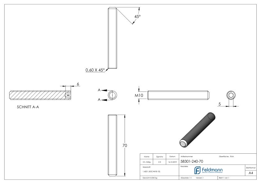 Gewindestift M10x70, V2A, DIN 913 / ISO 4026