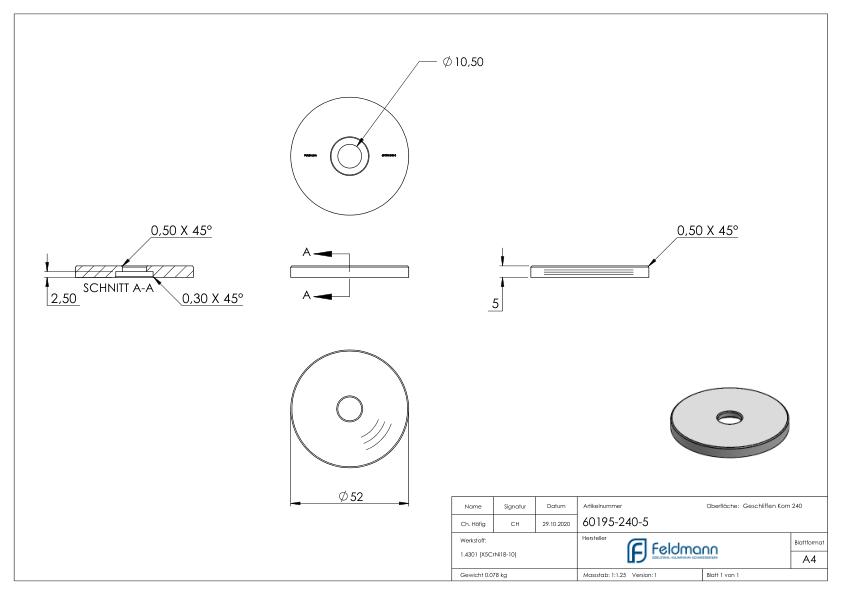 Unterteil Ø 52 mm, mit Durchgangsbohrung , t: 5mm, V2A Unterteil Ø 52 mm, mit Durchgangsbohrung , t: 5mm, V2A