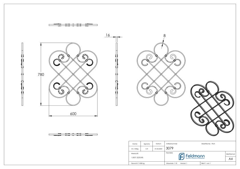 Mittelelement 16x8mm, glatt, 800x600mm