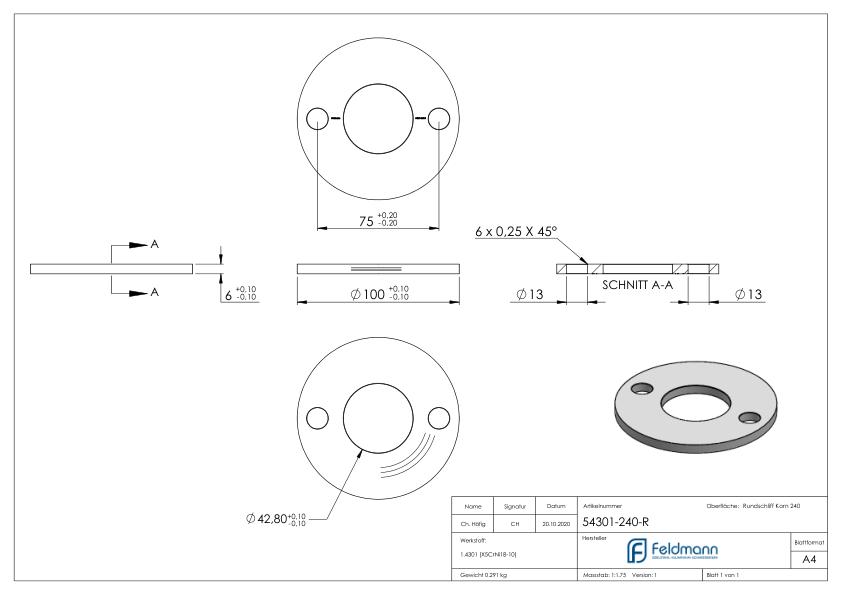 Ankerplatte Ø 100x6mm, mit Rundschliff, V2A