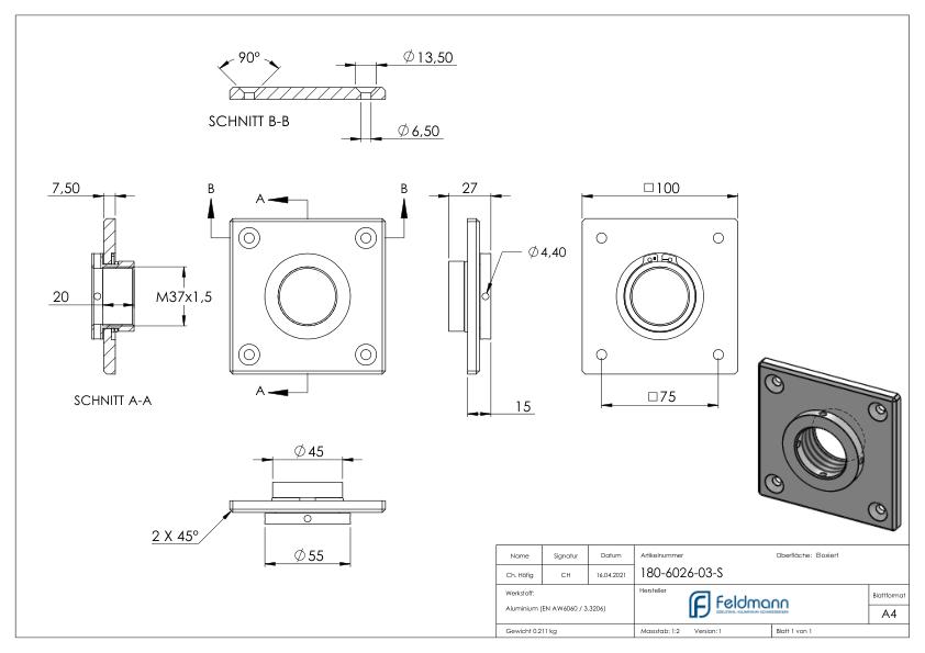 Montageplatte quadratisch 100x100mm Montageplatte quadratisch 100x100mm
