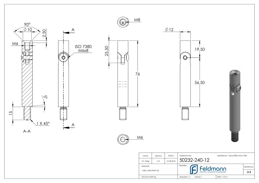 Gelenkstift Ø 12mm, L: 76mm, V2A