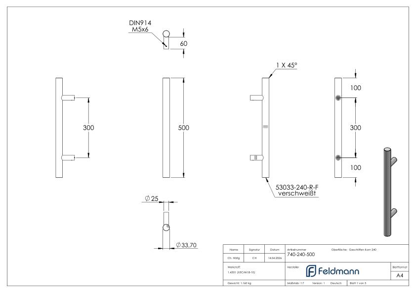 Stoßgriff inkl. Halter gerade mit L: 500mm, V2A, bestehend aus: