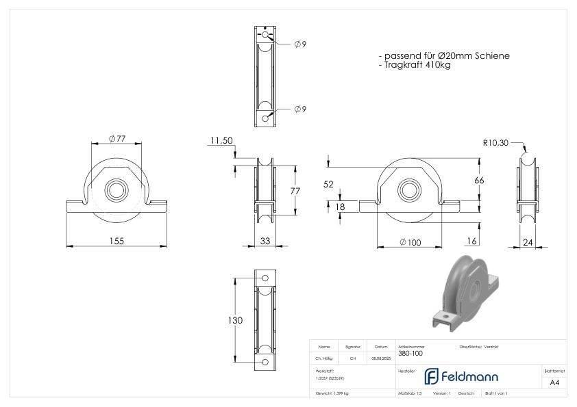 Schiebetorrolle mit Rundrille, Ø 100mm, für Schiene Ø 20mm, 2 Kugellager, verzinkt