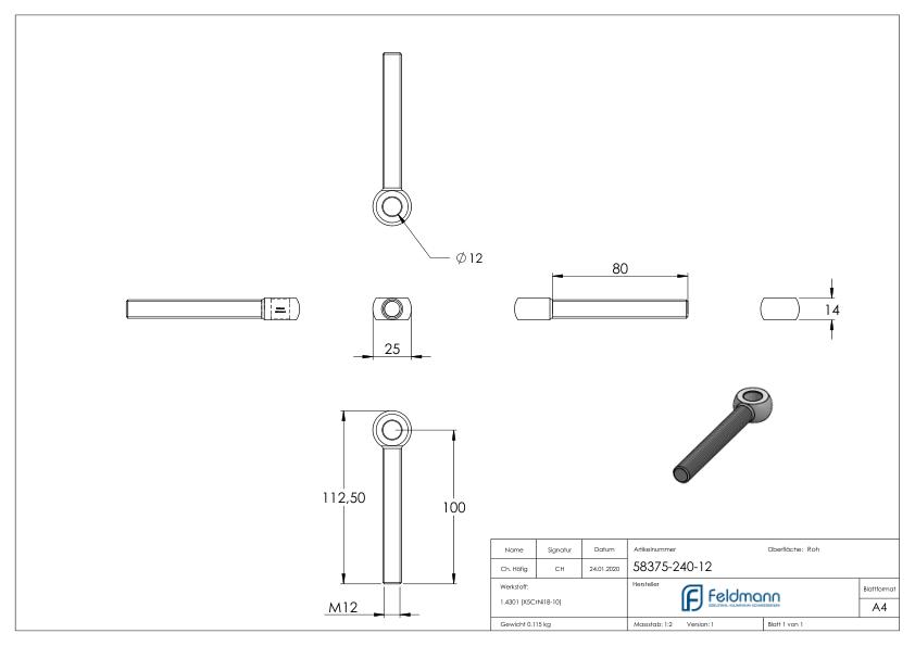 Augenschraube M12x100, V2A, DIN 444 Augenschraube M12x100, V2A, DIN 444
