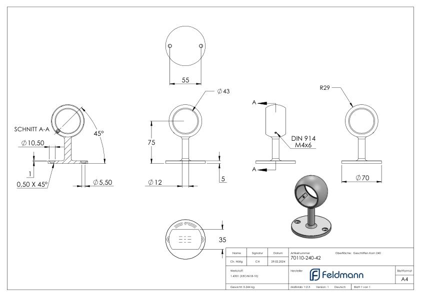 Rohrhalter, für Rohr 42,4mm, V2A