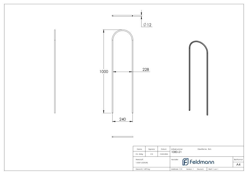 U-Bügel 12mm; Höhe 1000mm; Mitte-Mitte 240mm