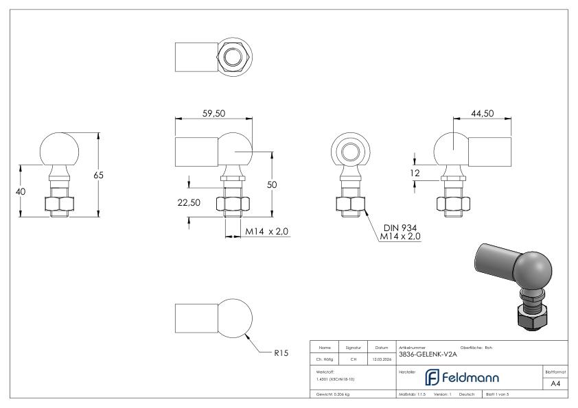 Kugelgelenk M14 x 2 mit Rechtsgewinde, ohne Schraube, V2A