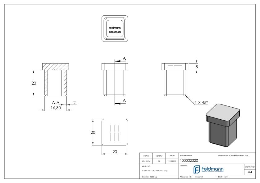 Einsteckkappe, für Rohr 20x20x1,5mm, V4A