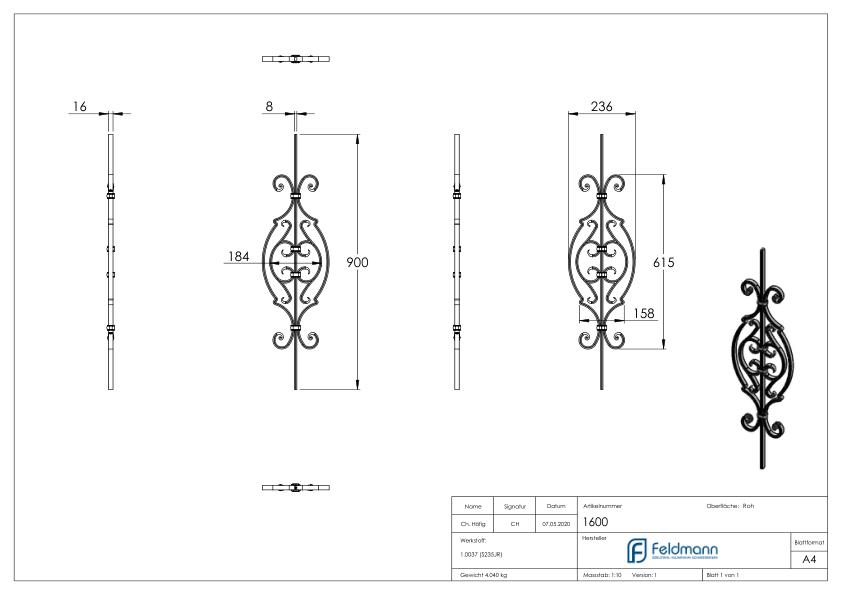 Zierstab 16x8mm, gerillt, Barock, H: 900mm