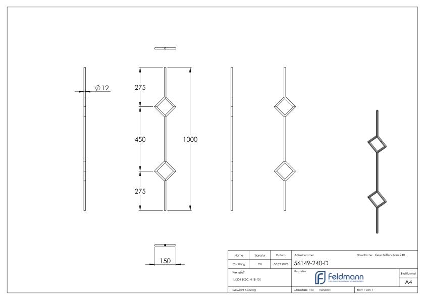 Zierstab aus Ø 12mm, mit 2x Quadrat, H: 1000mm, V2A