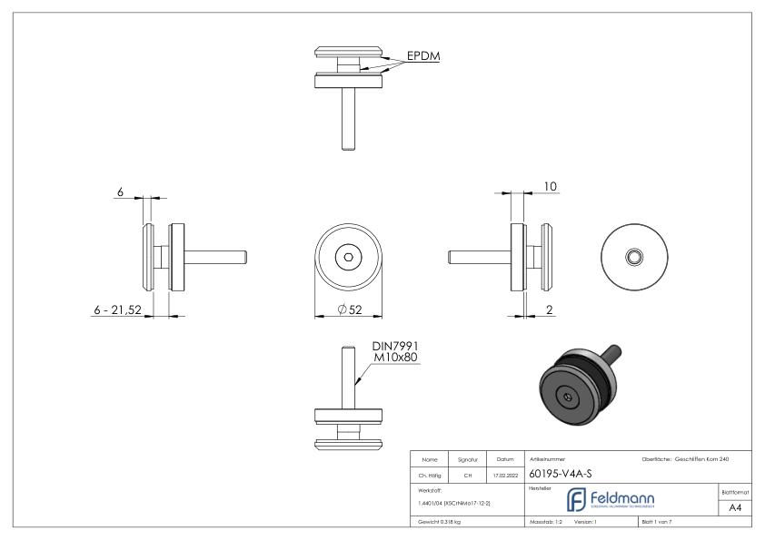 Glaspunkthalter 52mm, flach, mit Schraube, V4A