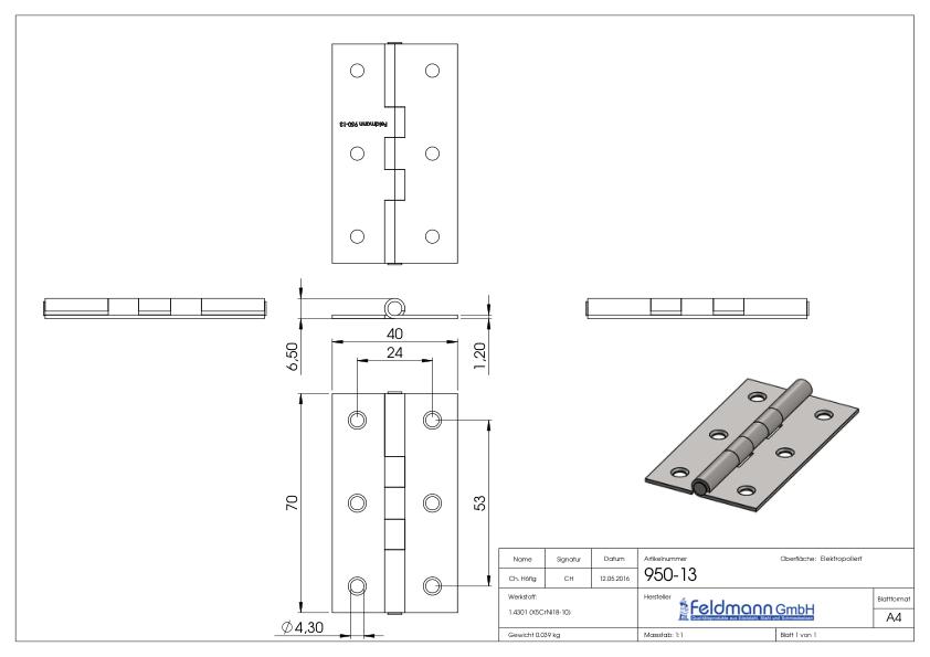 Edelstahl-Scharnier 70x40mm mit festem Zapfen