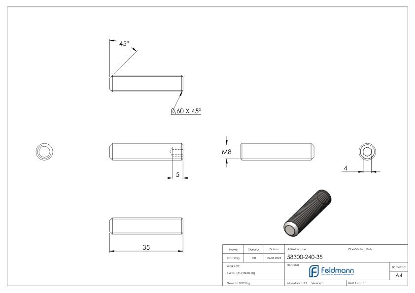 Gewindestift M8x35, V2A, DIN 913 / ISO 4026 Gewindestift M8x35, V2A, DIN 913 / ISO 4026