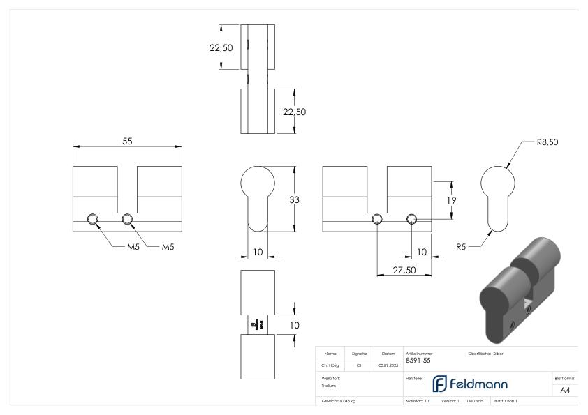Blindzylinder mit Länge 55mm