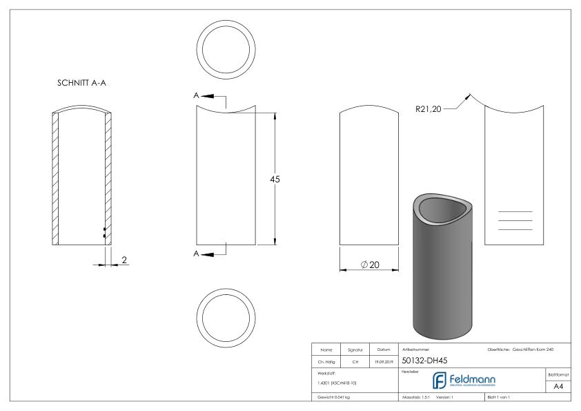 Distanzhülse, L: 45mm, für 42,4mm, V2A