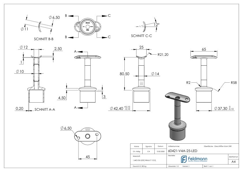 Rohrabschlussstopfen mit Stift für LED Handlauf, V4A