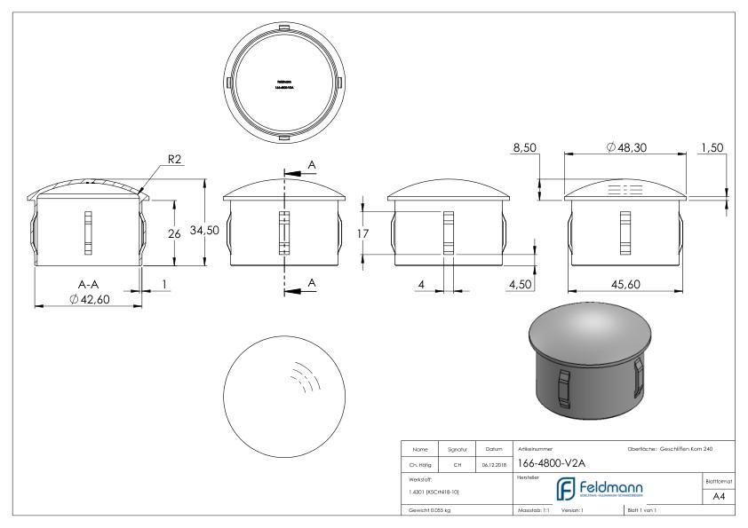 Rohrabschlussstopfen, für Rohr 48,3x2,0 - 2,5mm, V2A