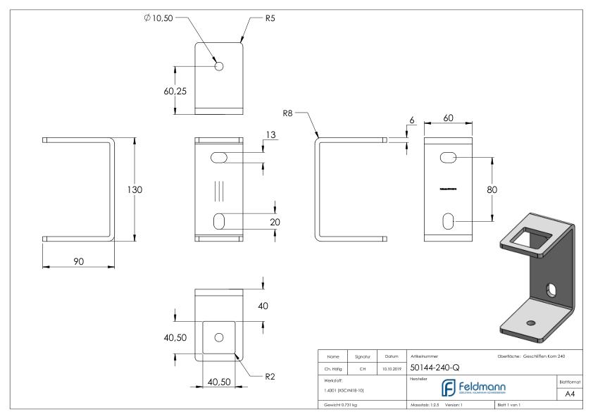 Wandbefestigung für Geländerpfosten 40x40mm, V2A