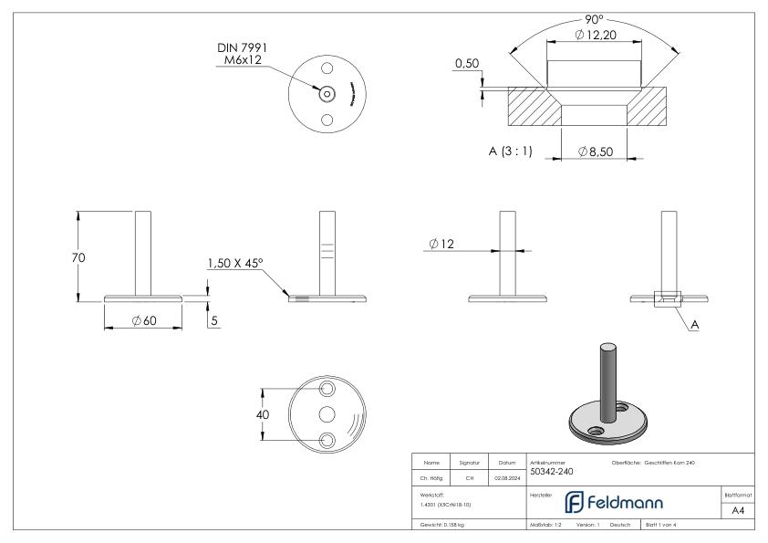 Handlaufstütze mit Ronde zum Anschweißen, V2A
