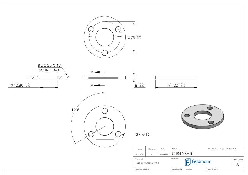 Ankerplatte Ø 100x8mm, mit Längsschliff, V4A