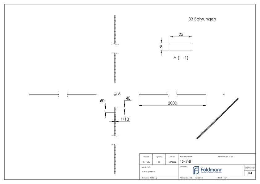 Lochleiste S235JR, 25x8mm, Lochabstand 60mm, 2000mm