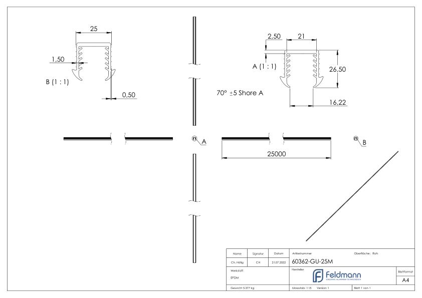 Keildichtung Glas 16,76 – 17,52mm, für Nut 24x24mm, 25m, EPDM