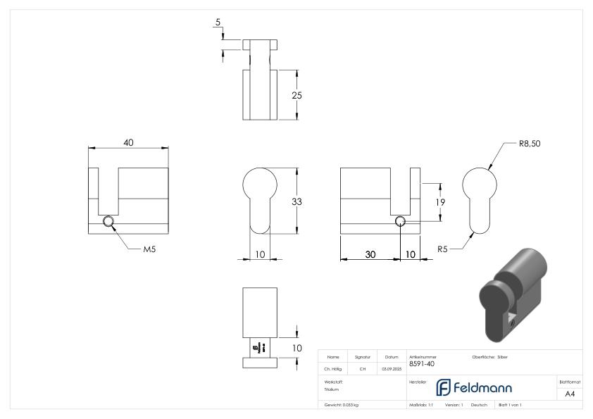Blindzylinder mit Länge 40mm