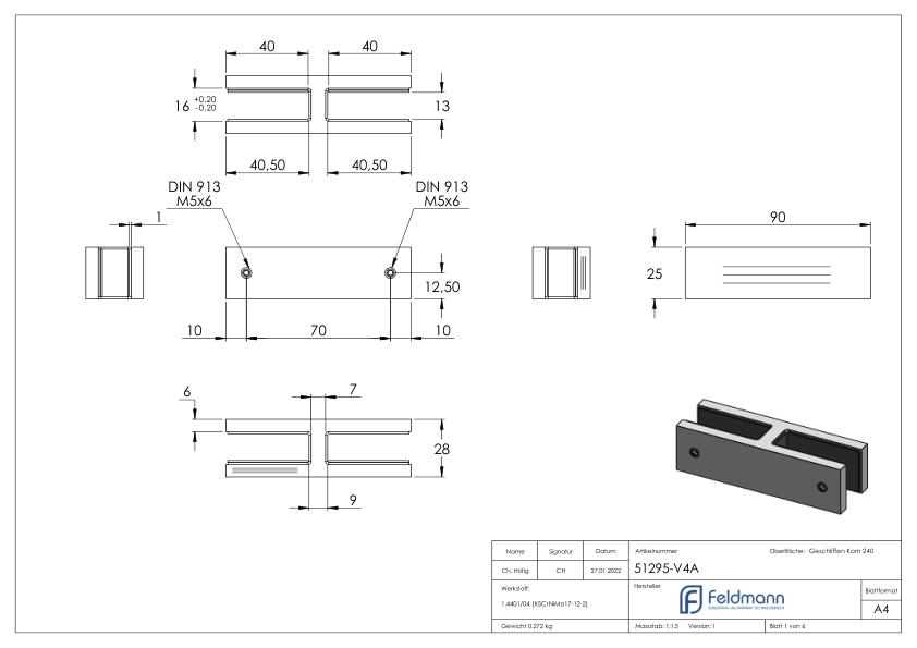 Glasverbinder, für Glas 12 - 12,76mm, V4A