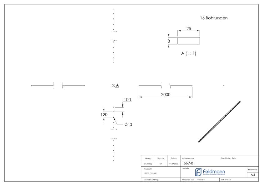 Lochleiste S235JR, 25x8mm, Lochabstand 120mm, 2000mm
