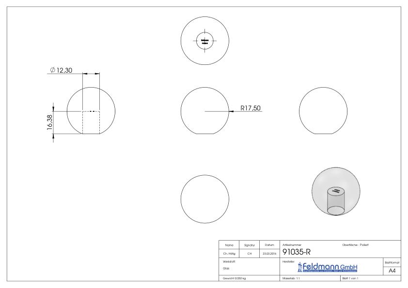 Glaskugel rot Ø 35mm mit Sackloch 12,3mm