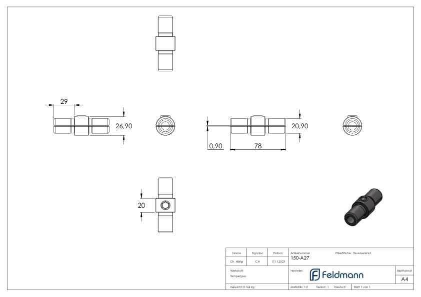 Verbinder, gerade, im Rohr, für Rohr Ø 26,9mm