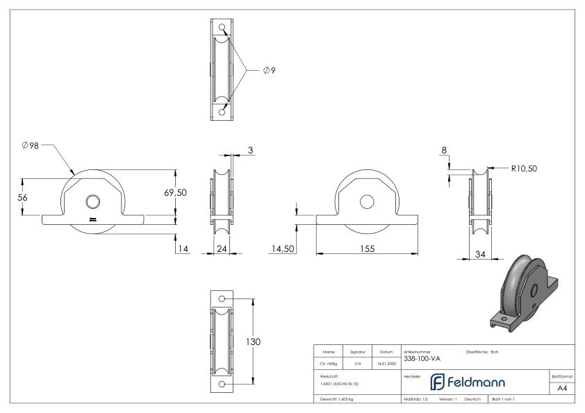 Schiebetorrolle, Rundrille, Ø 98mm, V2A