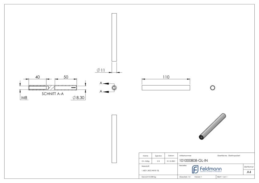 Gewindeterminal für Seil 8mm, V2A