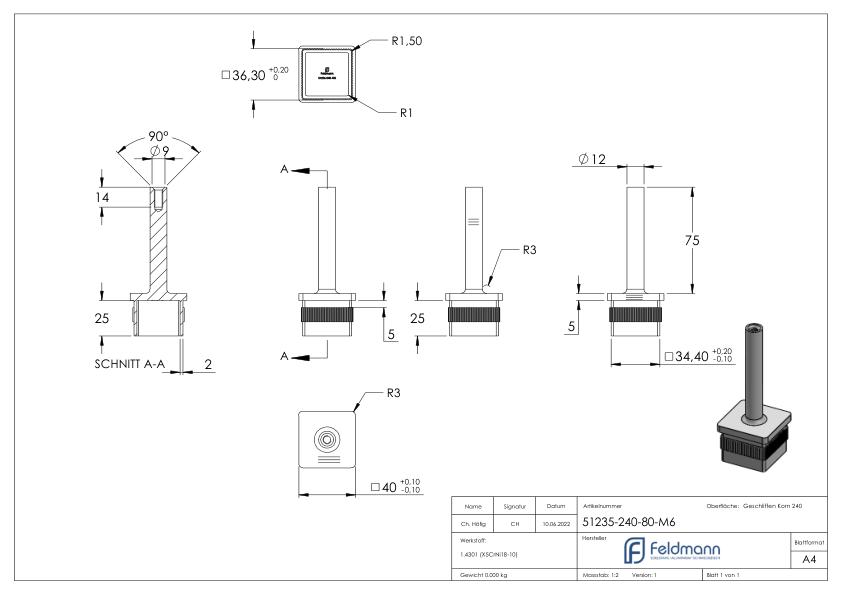 Stopfen mit Stift für Rohr 40 x 40 x 2,0mm, Höhe 80mm, mit M6 Innengewinde