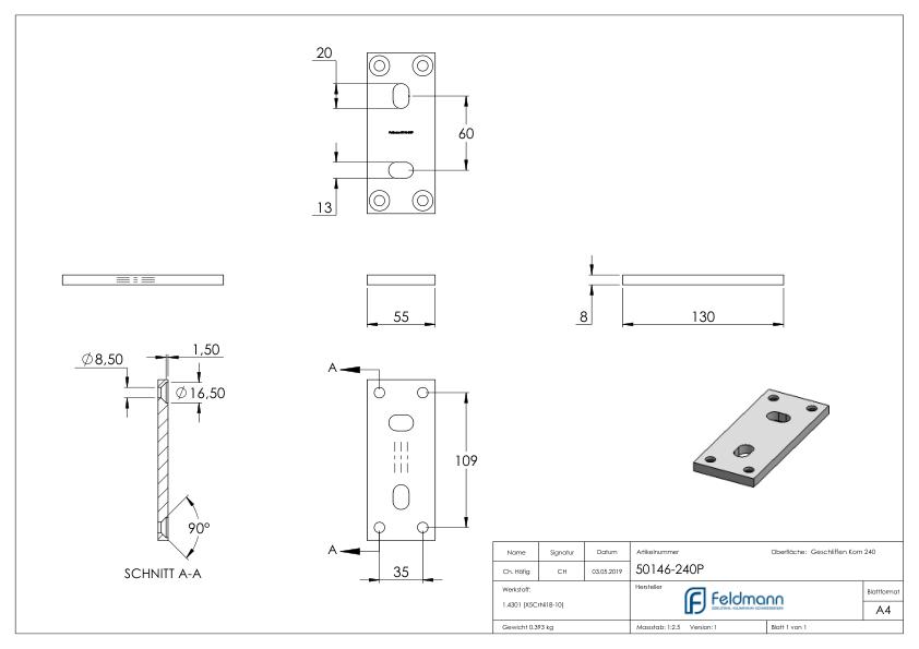 Ankerplatte 130x55x8mm, passend für Spannringe, V2A