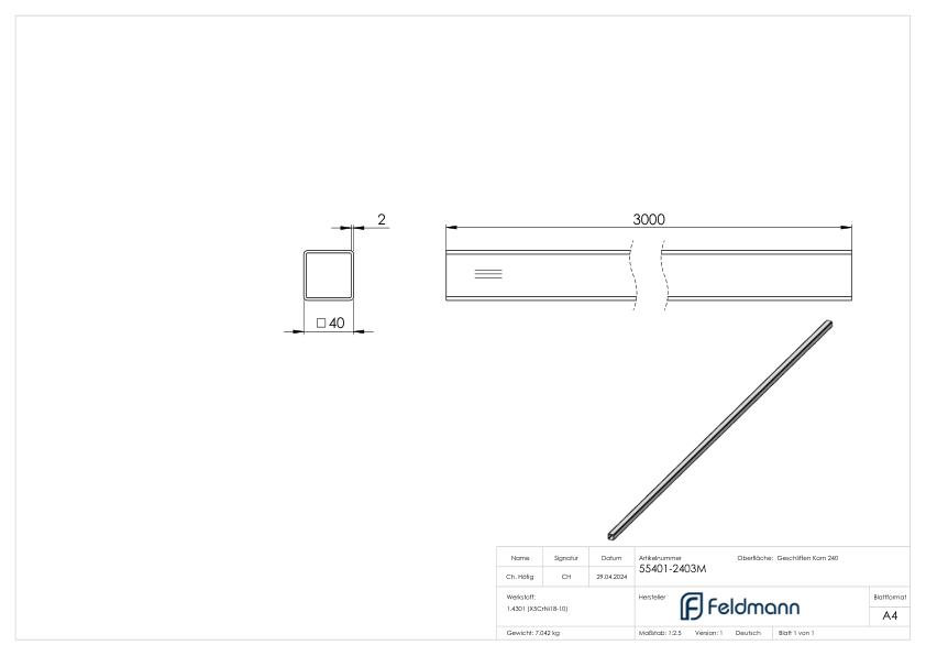 Quadratrohr, 40x40x2,0mm, L: 3000mm, V2A
