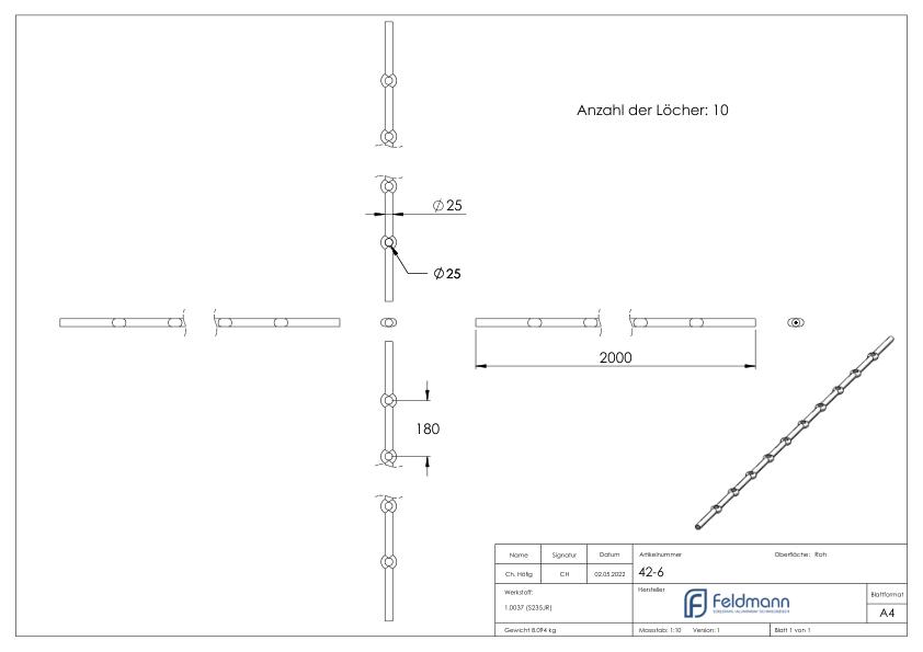 Lochleiste S235JR, 25mm, Lochabstand 180mm, 2000mm