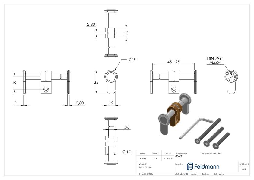 Blindzylinder variabel für Türstärken 45 - 95mm